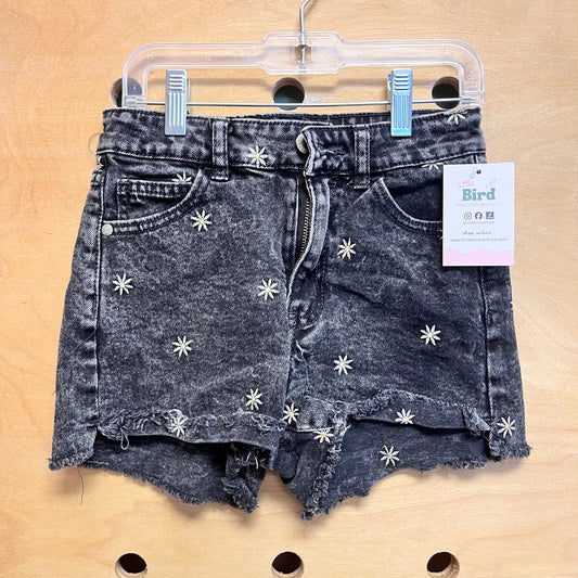 Embroidered Daisy Black Denim Shorts
