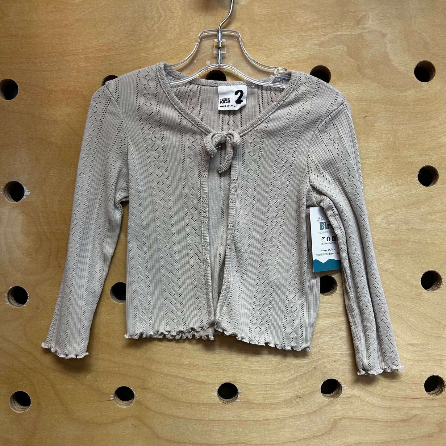 Beige Pointelle Bow Cardigan