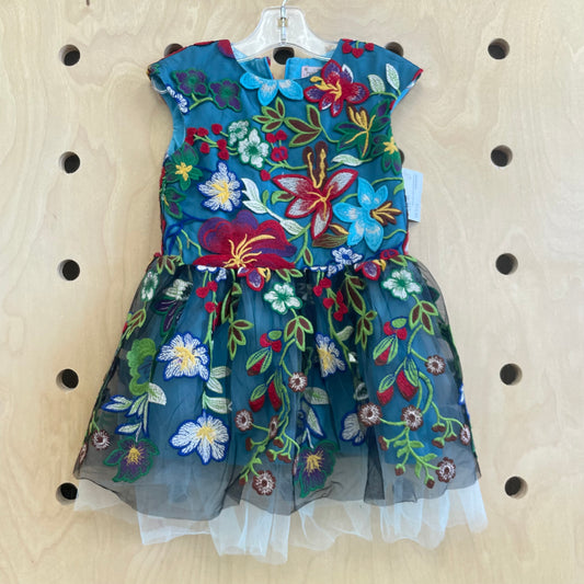Teal Embroidered Floral Tulle Dress