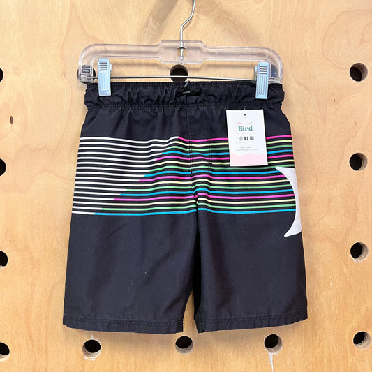 Black Neon & White Striped Swim Trunks