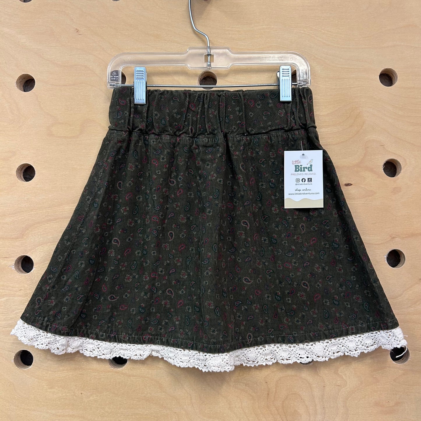 Olive Paisley Cord Skirt w/ Lace Trim