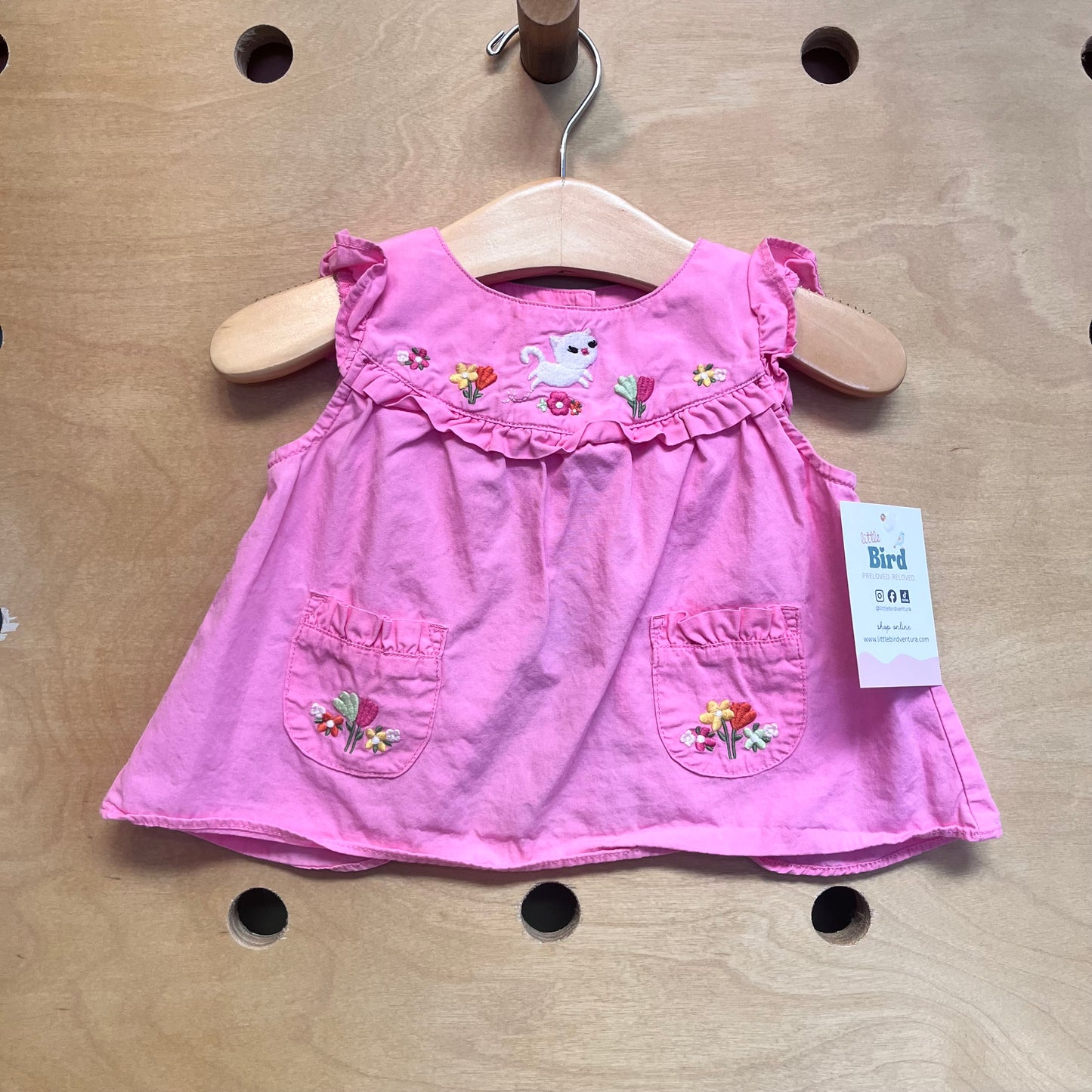 Pink Embroidered Cat/Flowers Tee