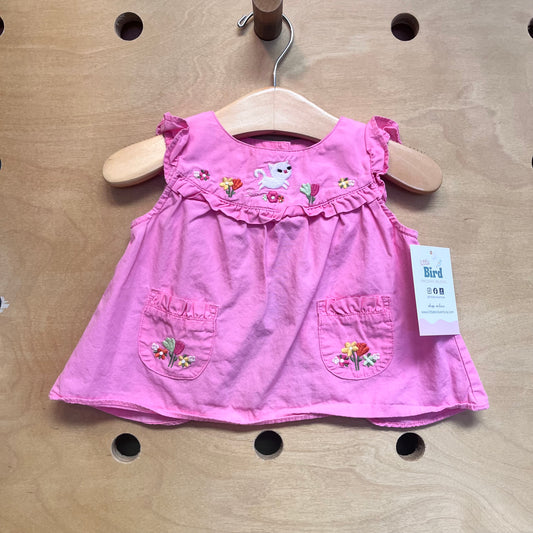 Pink Embroidered Cat/Flowers Tee