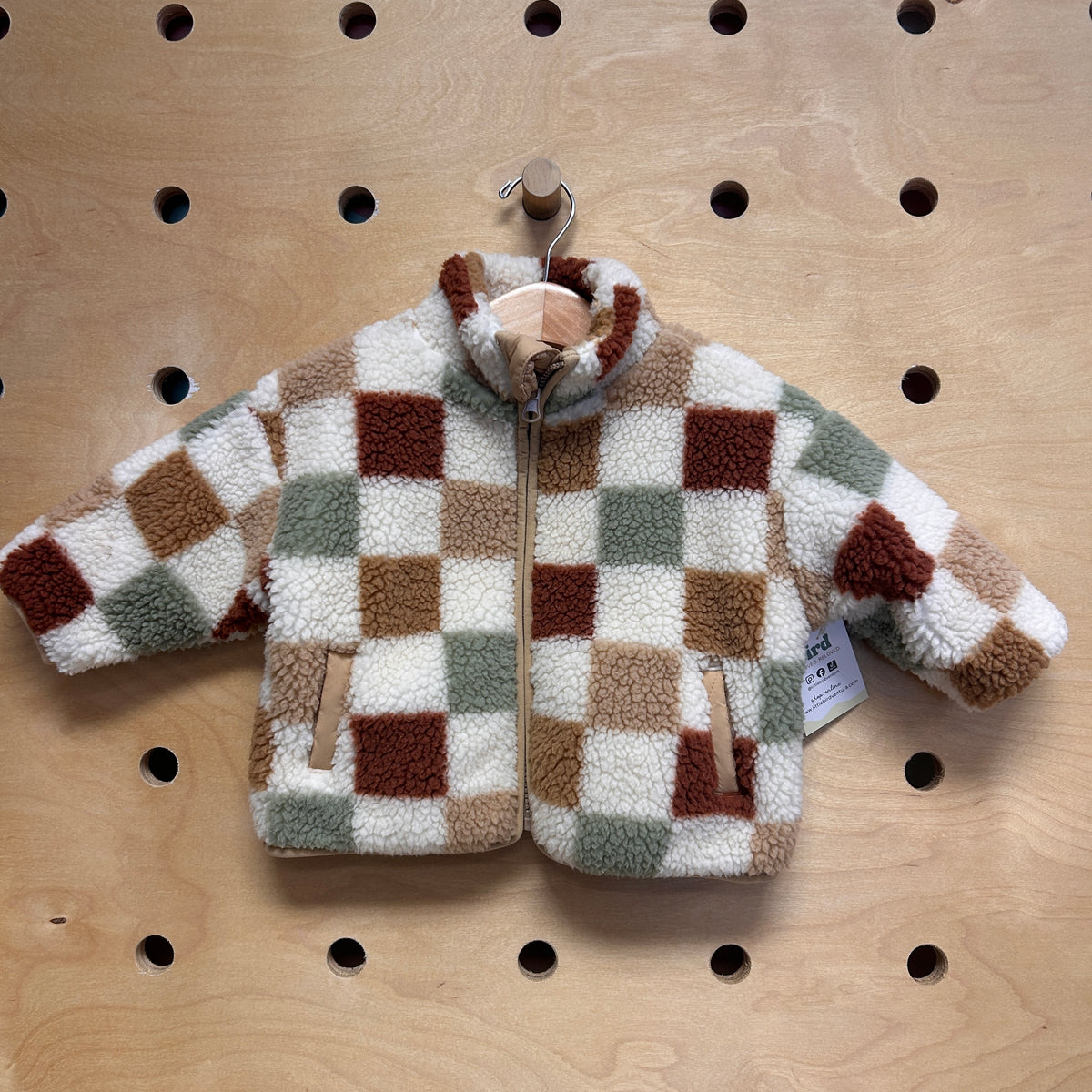 Cream/Green Checkered Sherpa Jacket