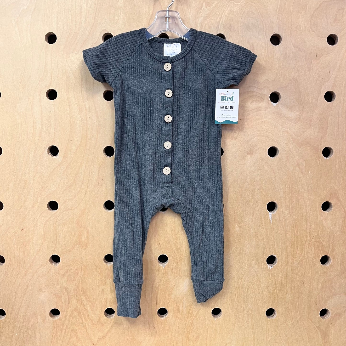 Grey Ribbed Wood Button Romper