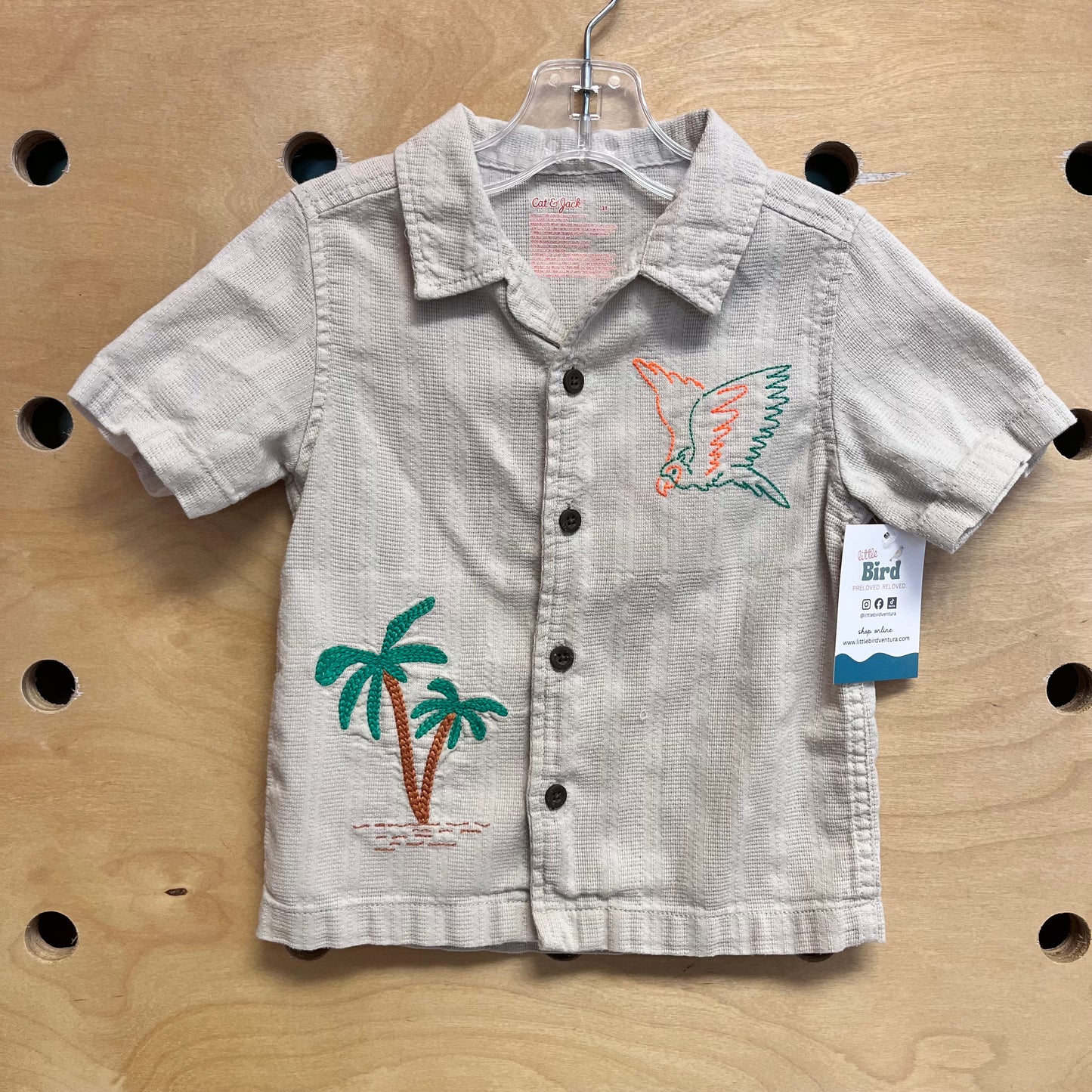 Tan Embroidered Palm/Bird Button Up
