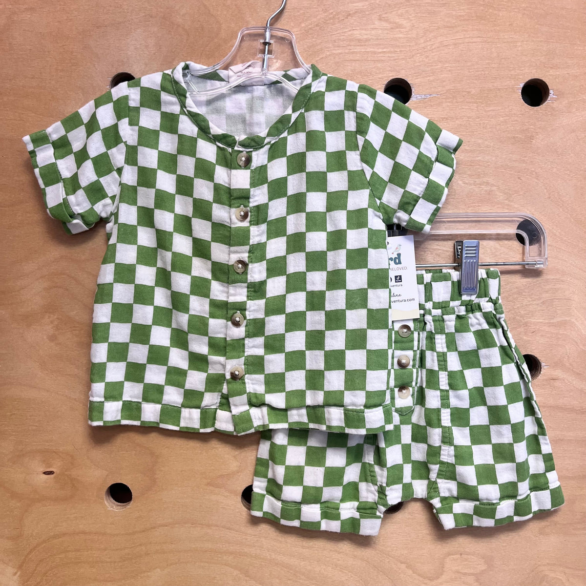 Green Checkered Organic Button Up Shirt & Shorts