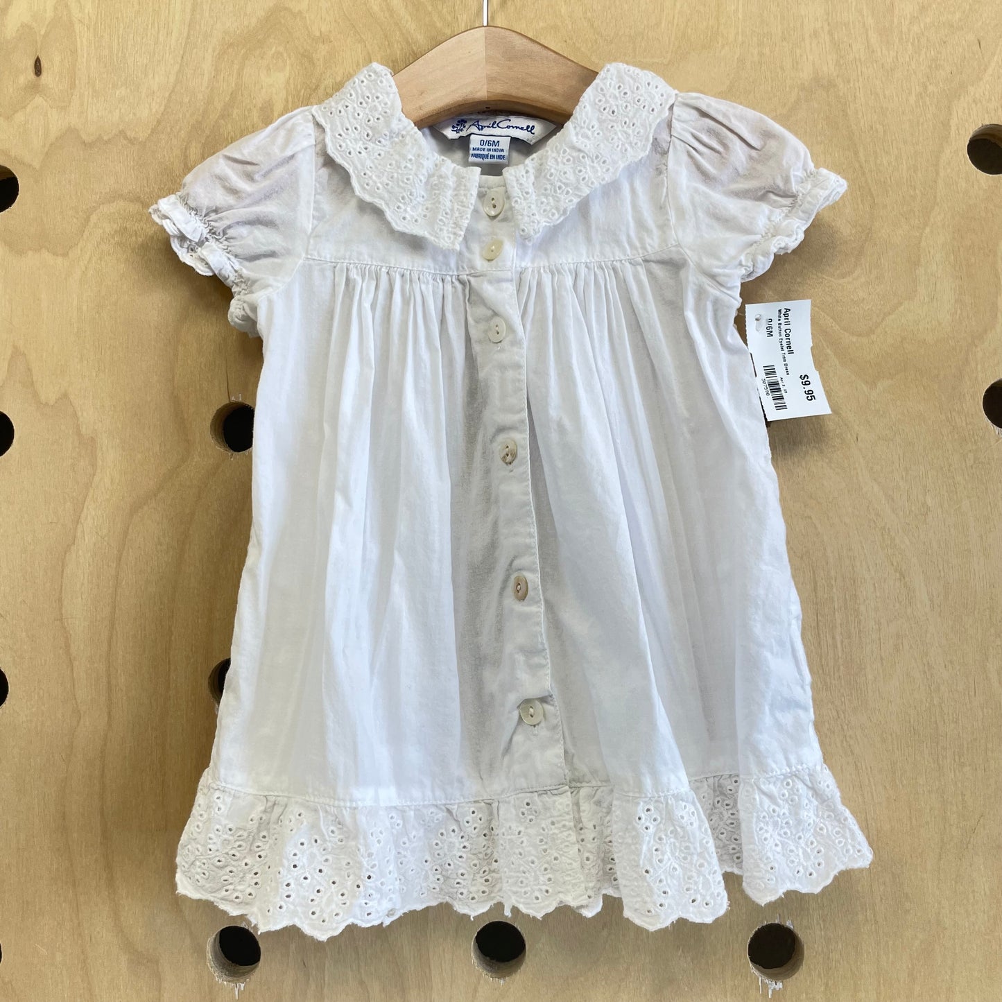 White Button Eyelet Trim Dress