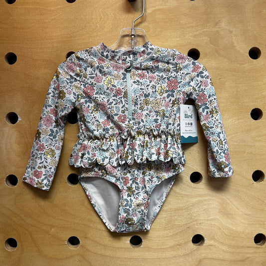 White/Pink Floral Ruffle Swimsuit