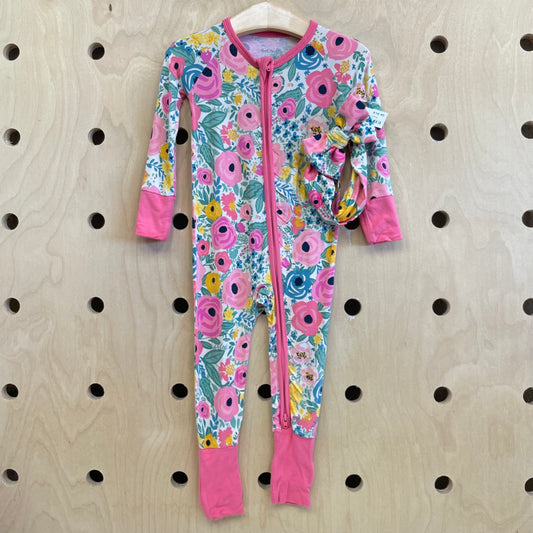 Bamboo Pink Floral Footies w/ Headwrap