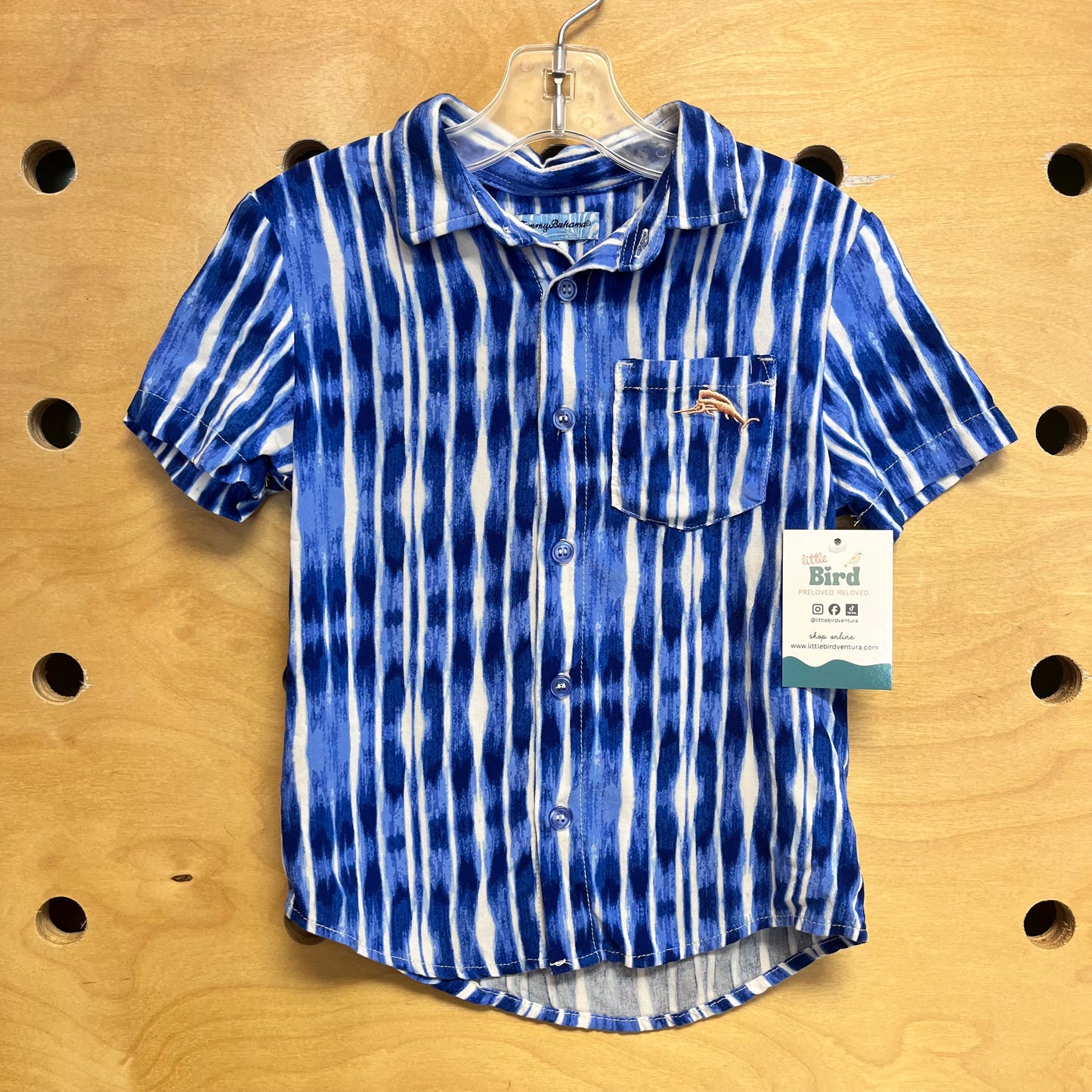 Blue/White Embroidered Fish Button Up