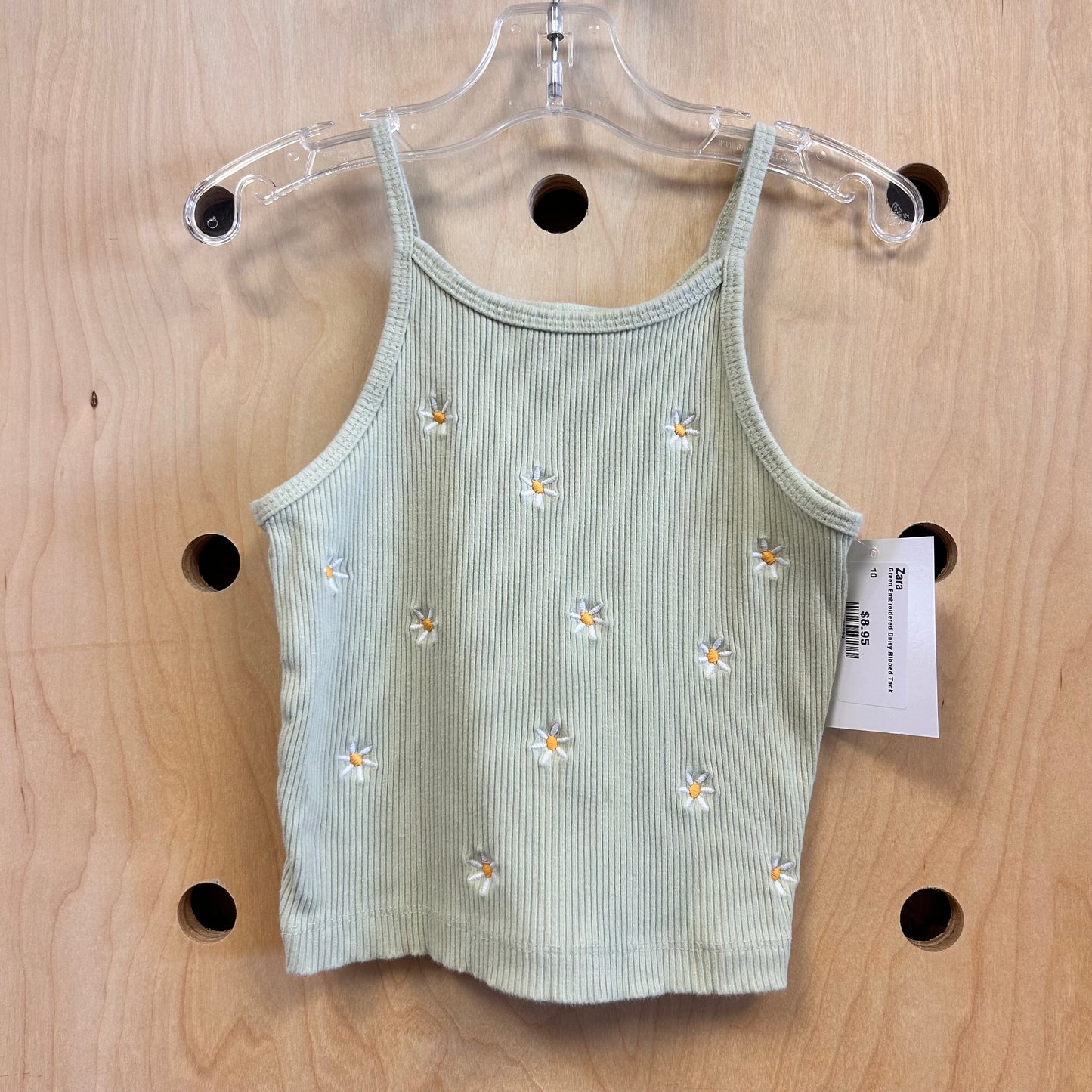 Green Embroidered Daisy Ribbed Tank