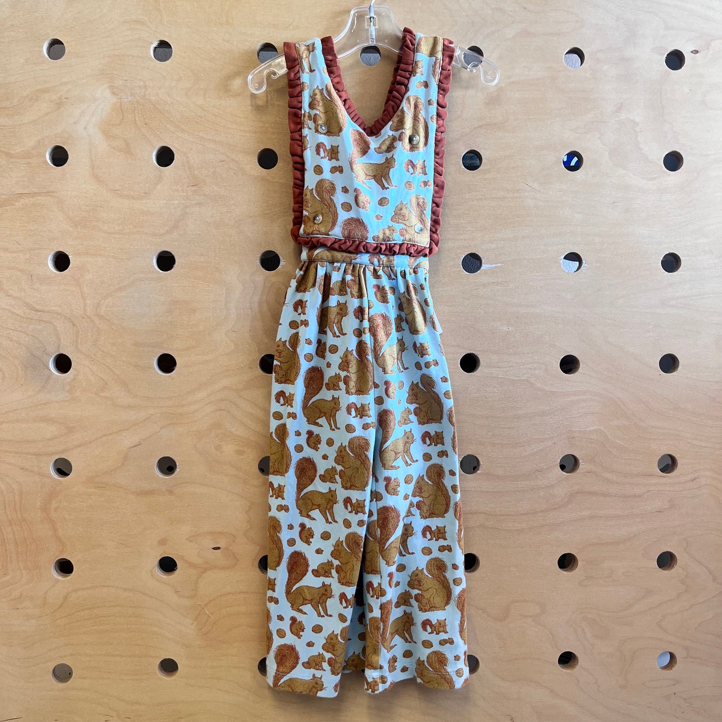 Blue/Rust Squirrel Organic Pinafore Romper