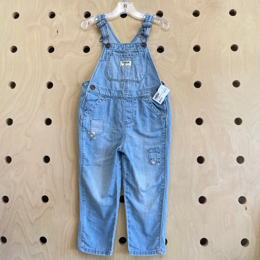 Light Wash Emboidered Floral Overalls