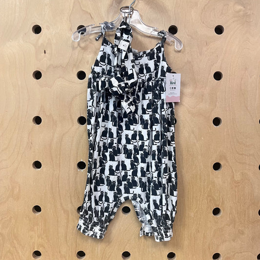 White & Black Kitty Bamboo Romper