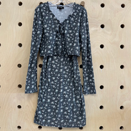 Grey Ribbed Floral 2pc Dress