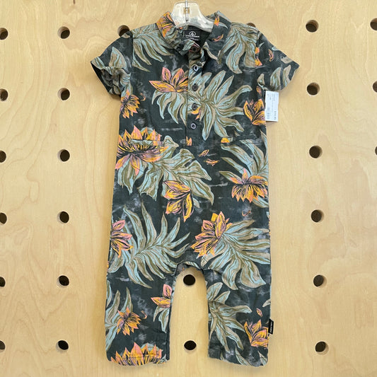 Black Tropical Linen Blend Romper