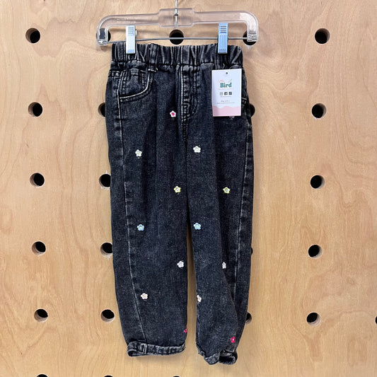 Embroidered Floral Black Pull On Denim