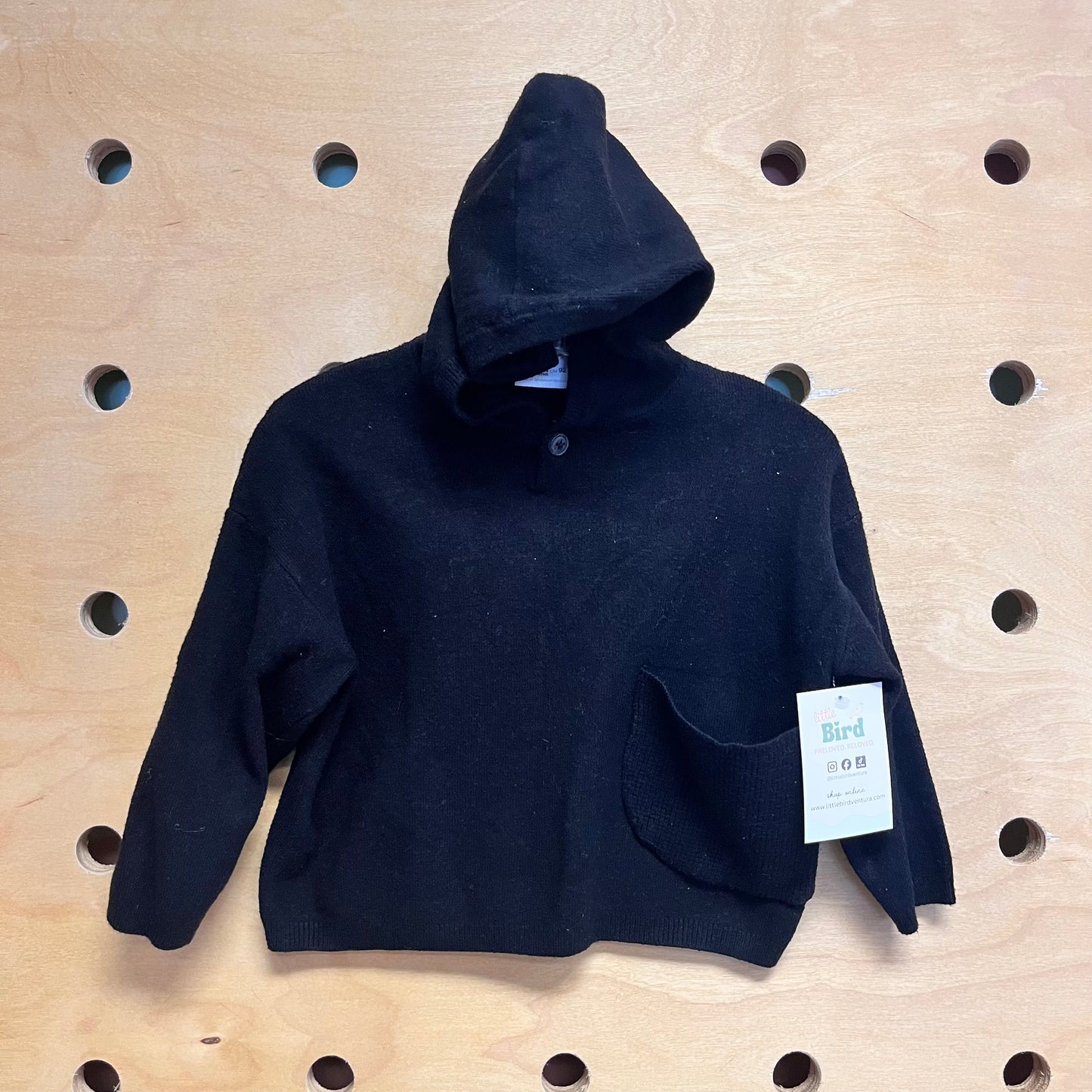 Black Waffle Knit Pocket Hoodie
