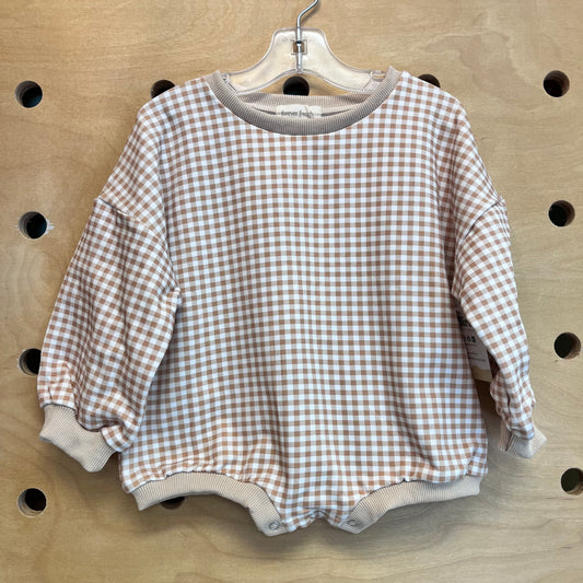 Beige Gingham Sweathsirt Bubble Romper