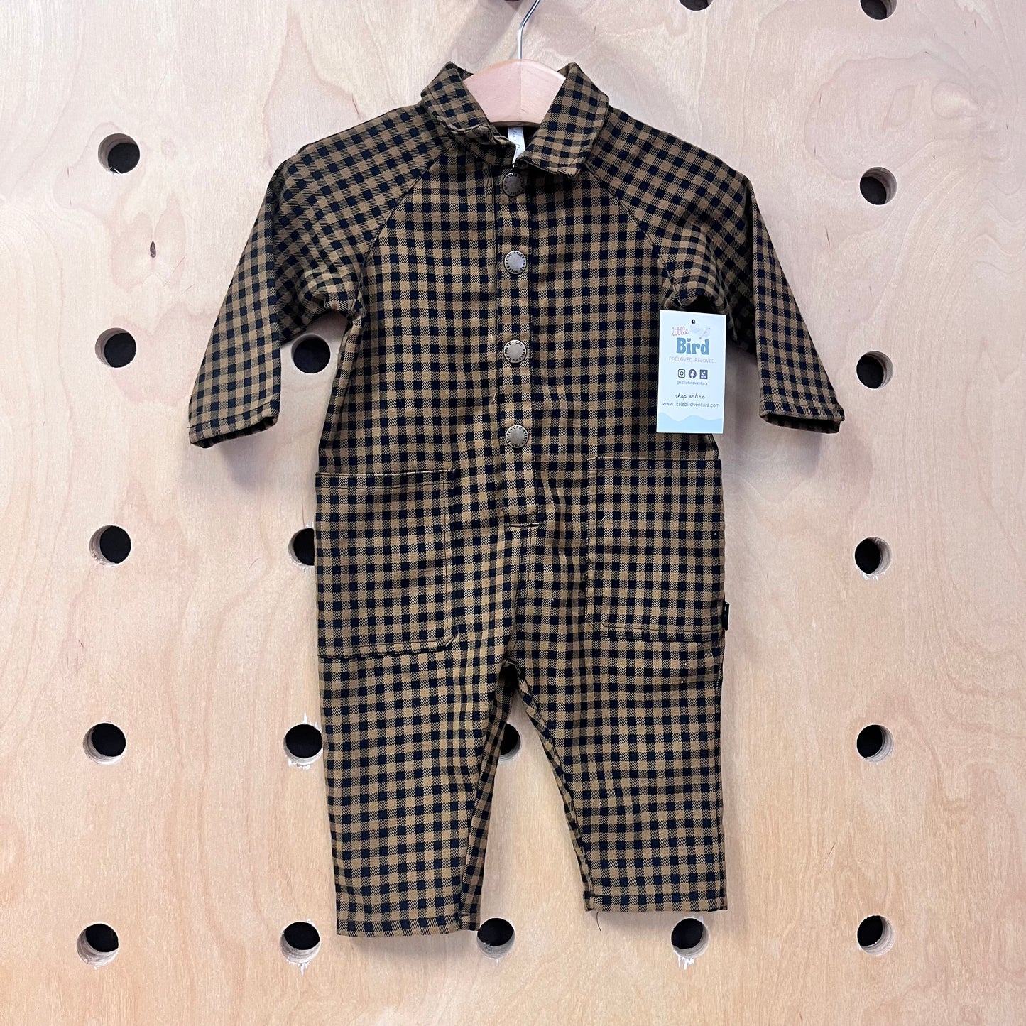 Tan & Black Gingham Snap Jumpsuit