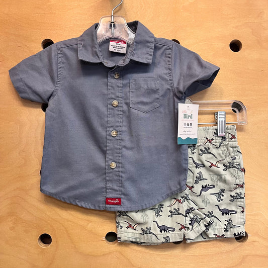 Blue Button Up/Dino Shorts Outfit