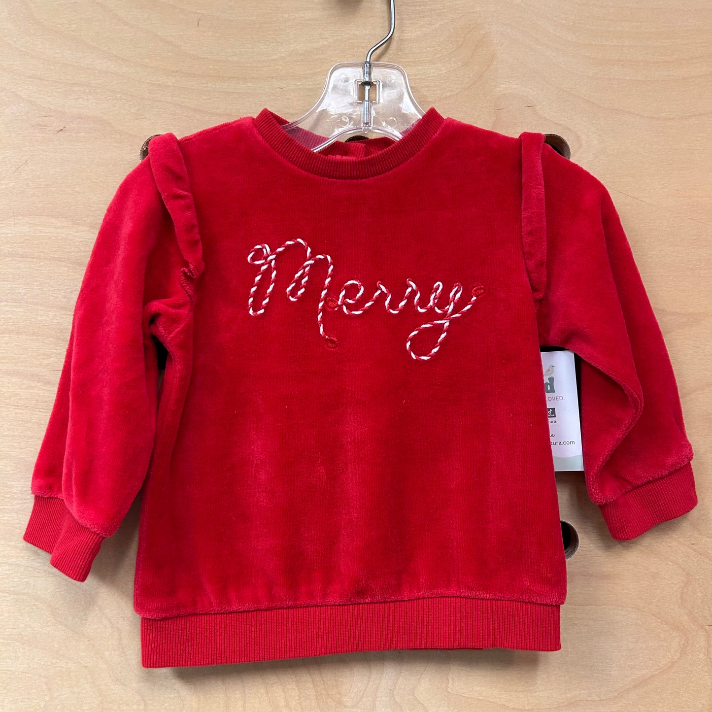 Red Embroidered Velour 'Merry' LS