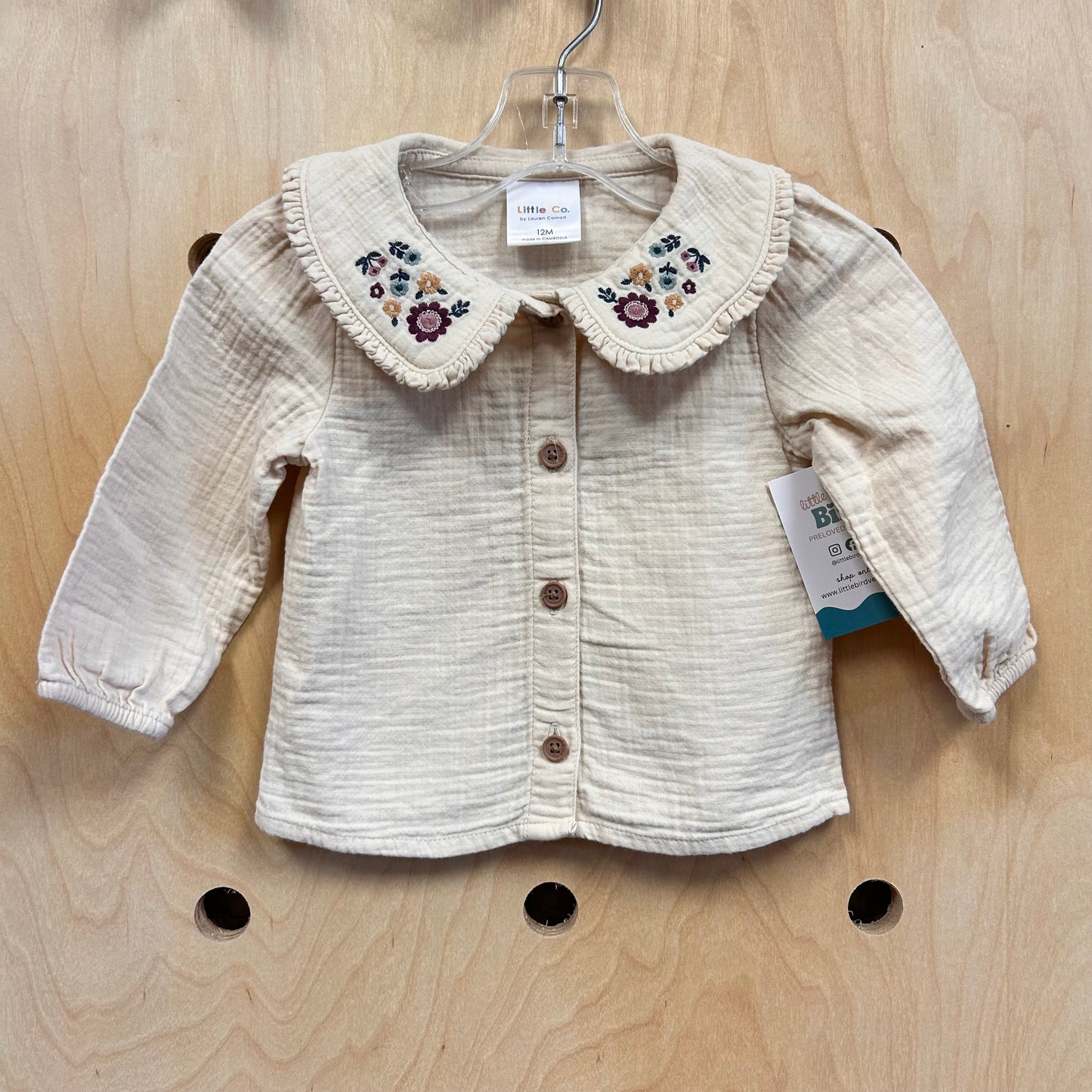 Organic Beige Floral Collar Button Top