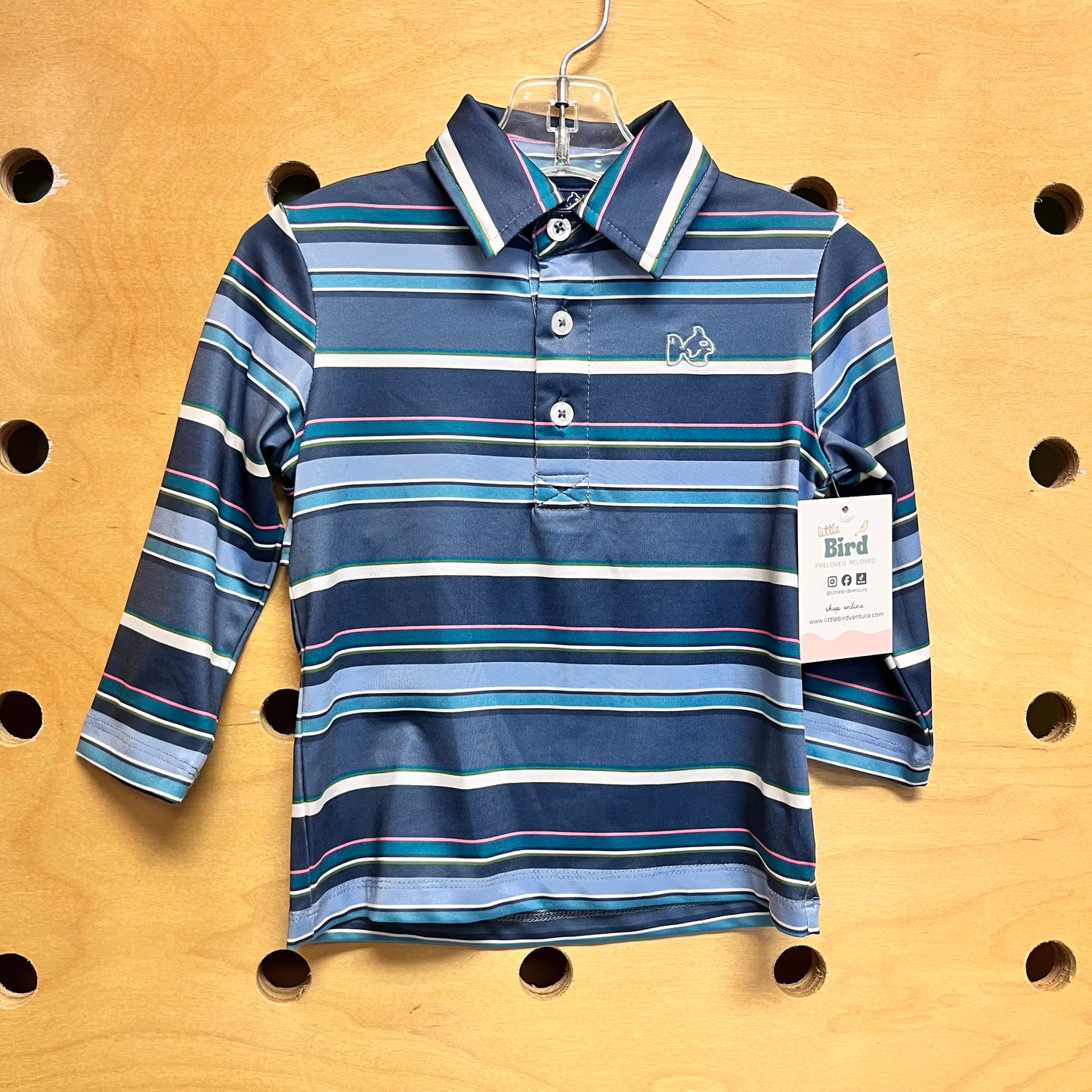 Blues Striped Embroider Fish Collared LS