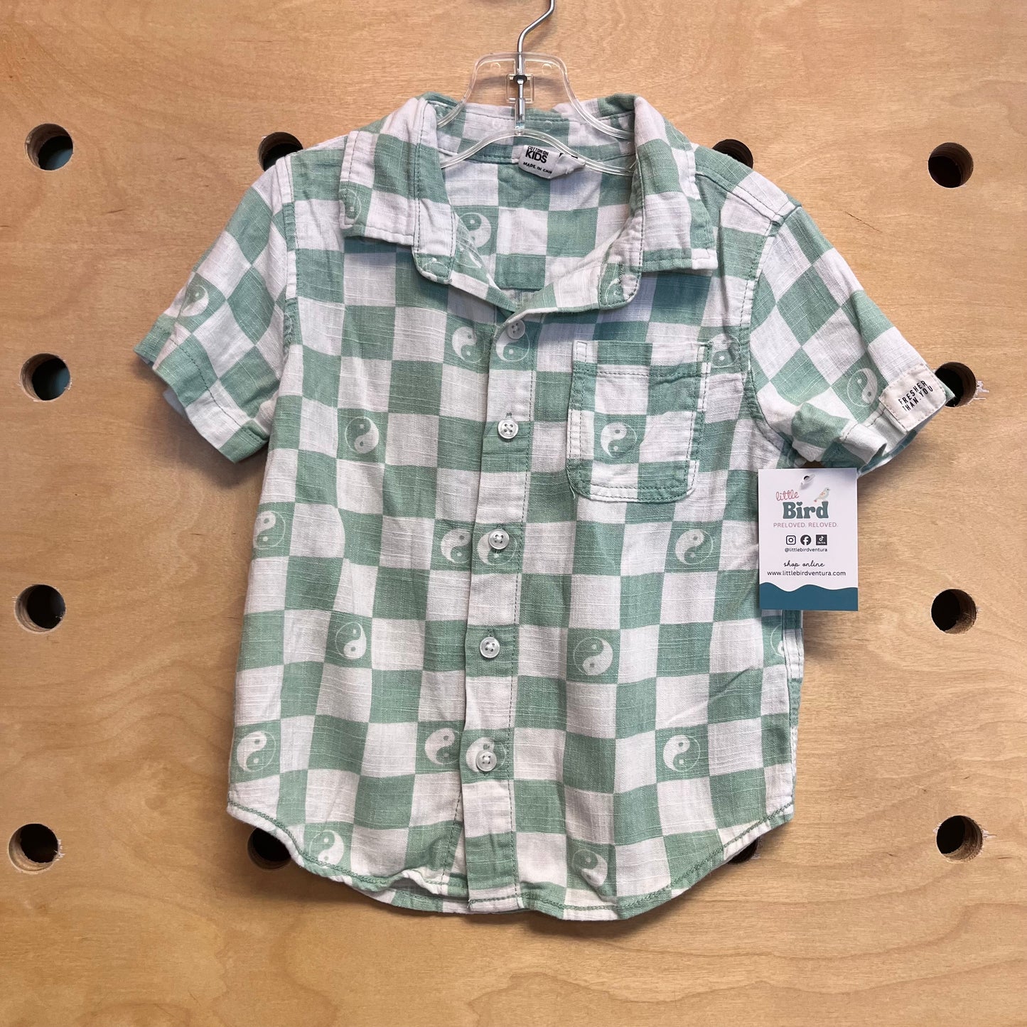 Green/White Ying-Yang Plaid Button Up