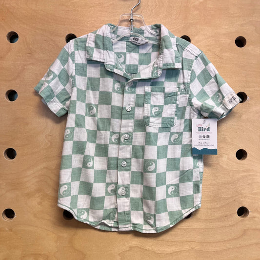 Green/White Ying-Yang Plaid Button Up