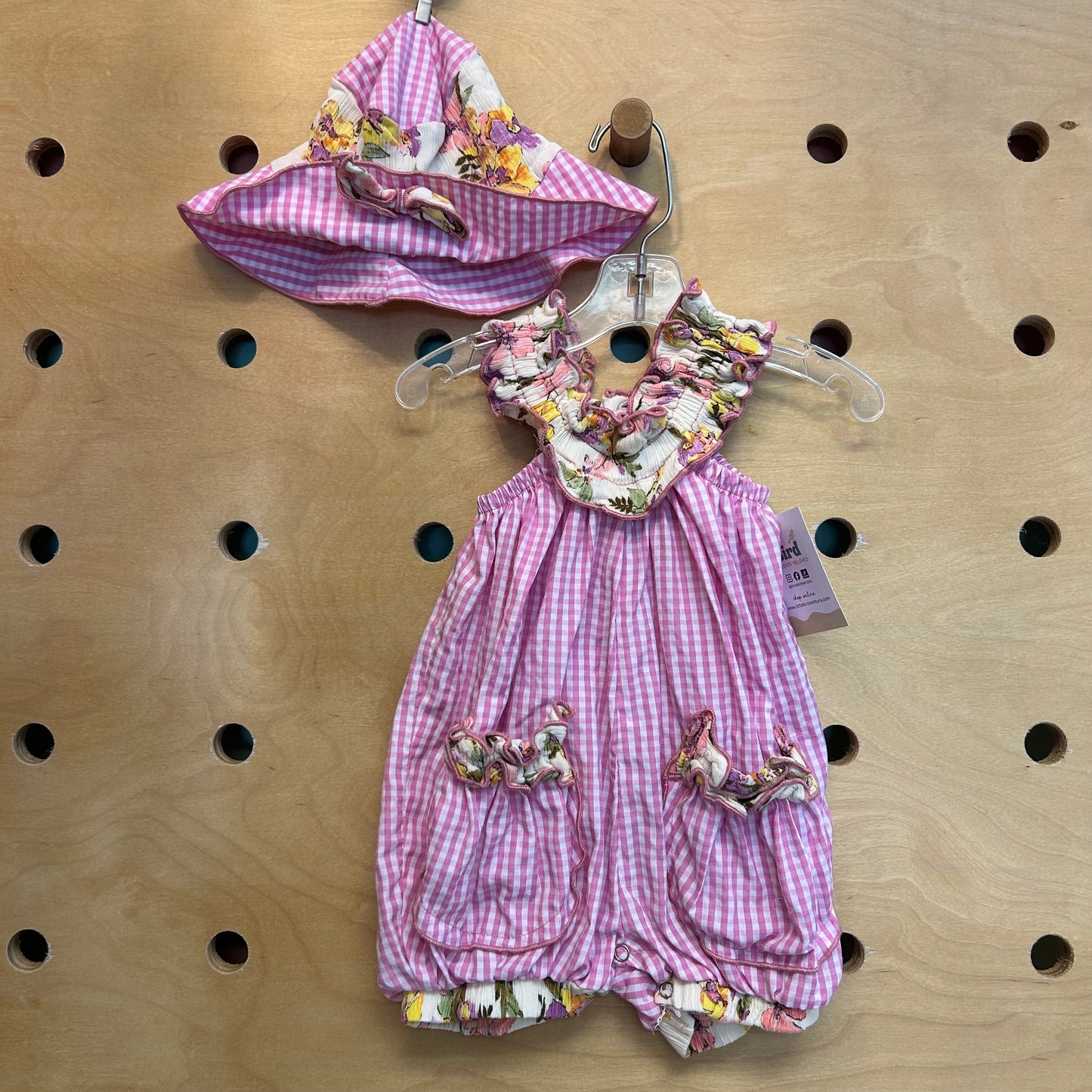 Floral Trim Gingham Romper & Hat