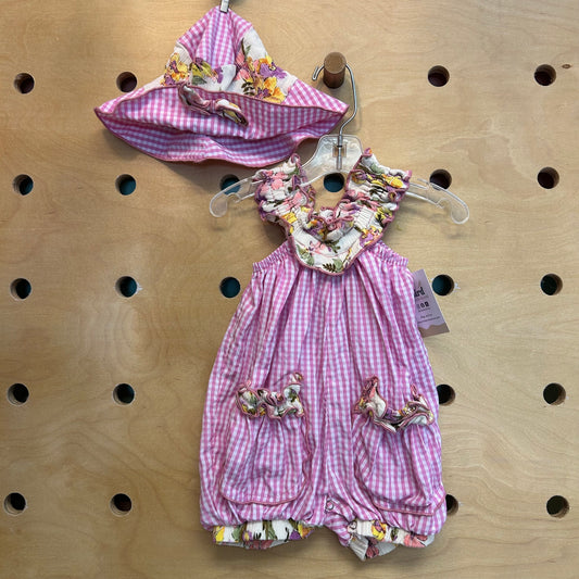 Floral Trim Gingham Romper & Hat