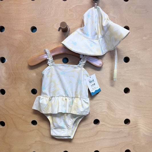 Yellow & Aqua Floral Swimsuit & Hat