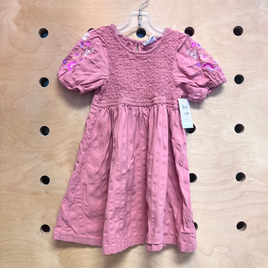 Pink Embroider Floral Sleeve Smock Dress
