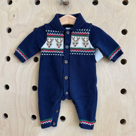 Blue Reindeer Holiday Knit Romper