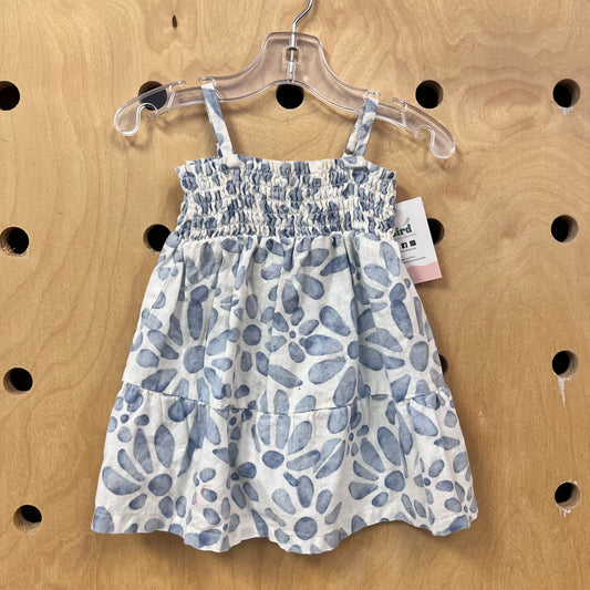 White + Blue Flowers Linen Blend Dress