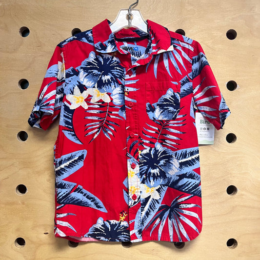 Red/Blue Hibiscus Button Up