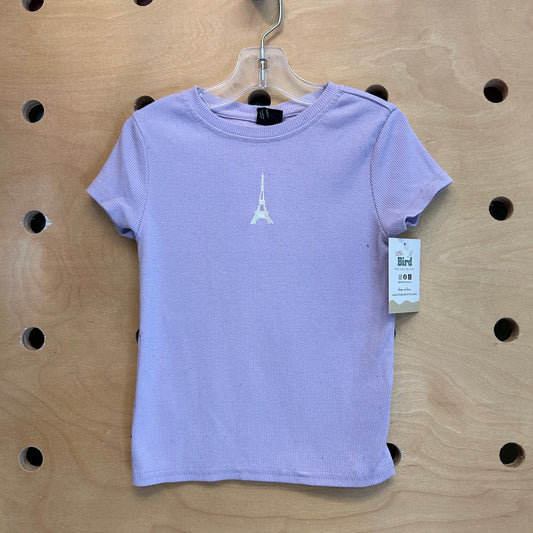 Purple Ribbed Embroidered Eiffle Tower Tee