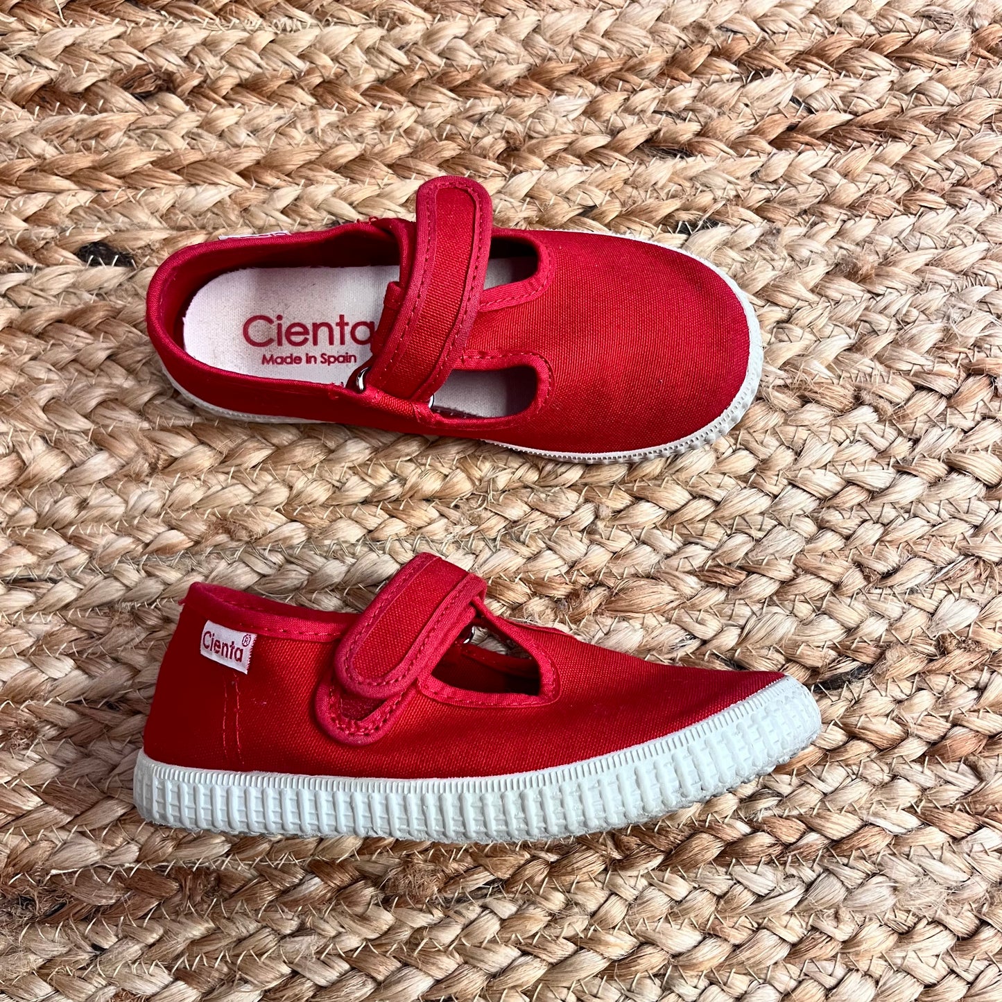 Red Canvas T-Strap Shoes