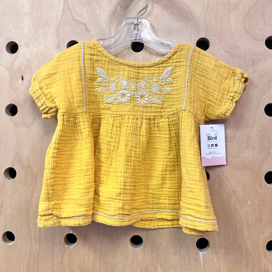 Embroidered Yellow Gauze Tie-Back Top