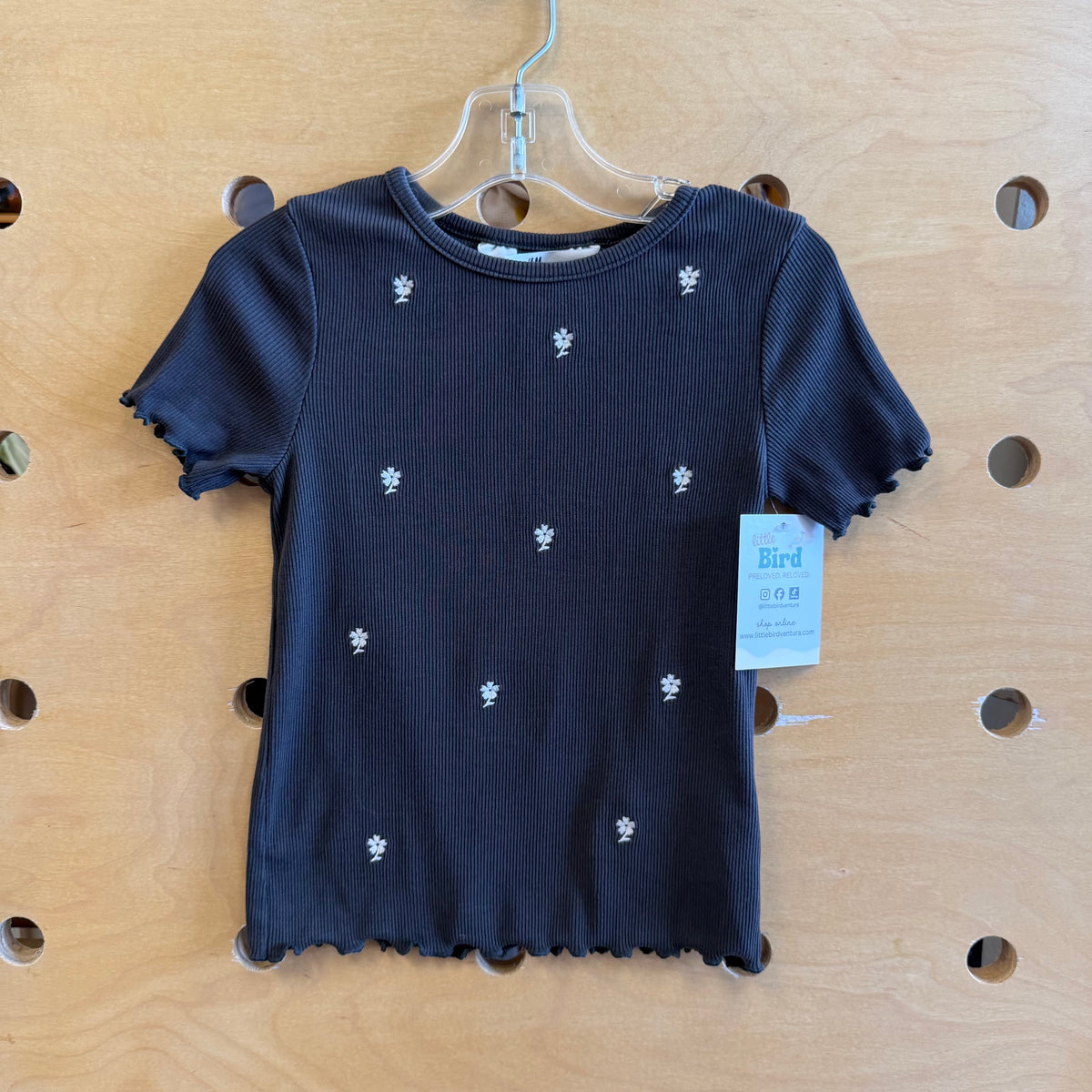 Grey Embroider Flowers Ribbed Tee