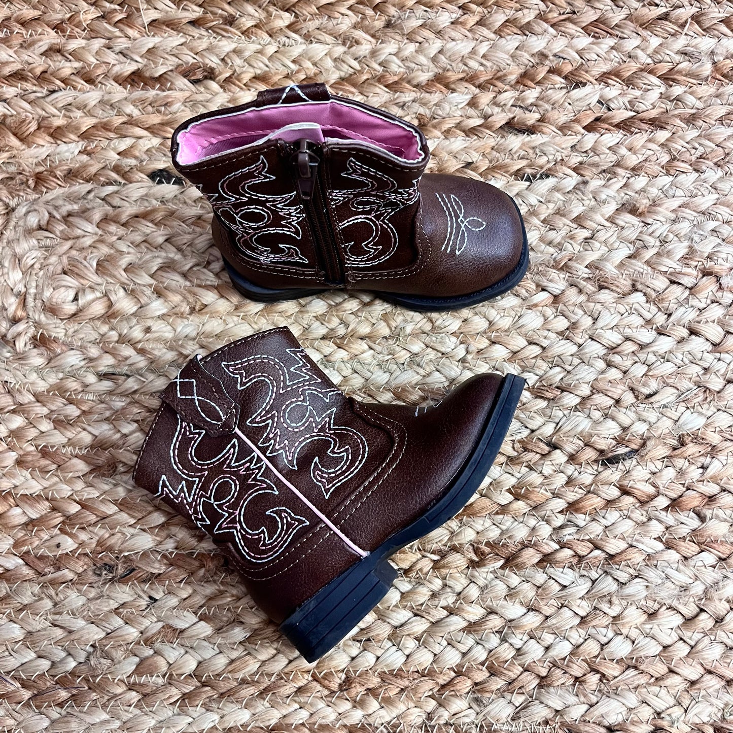 Brown & Pink Embroidered Cowgirl Boots
