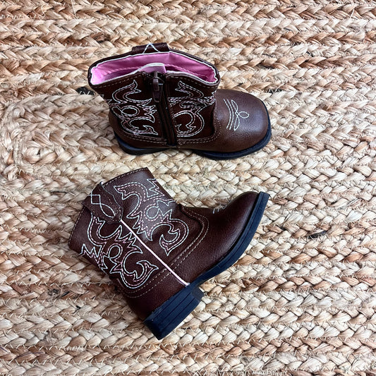 Brown & Pink Embroidered Cowgirl Boots