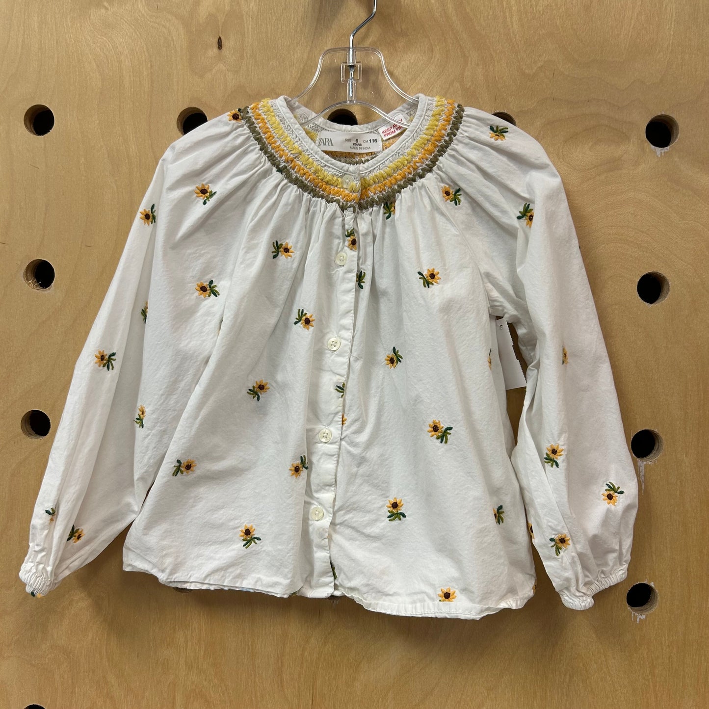 White Emboirdered Sunflower Button Top
