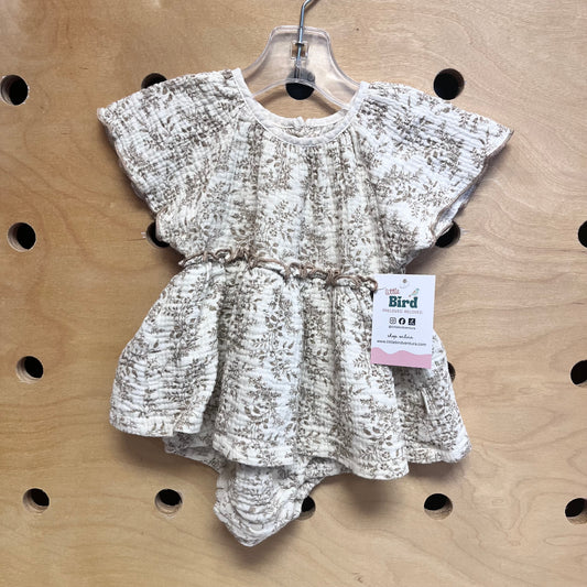 Cream/Tan Floral Gauze Bodysuit Dress
