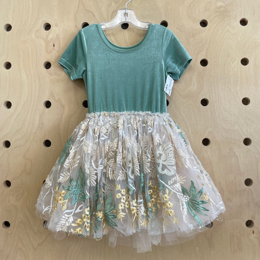 Green Velour + Embroidered Tulle Dress