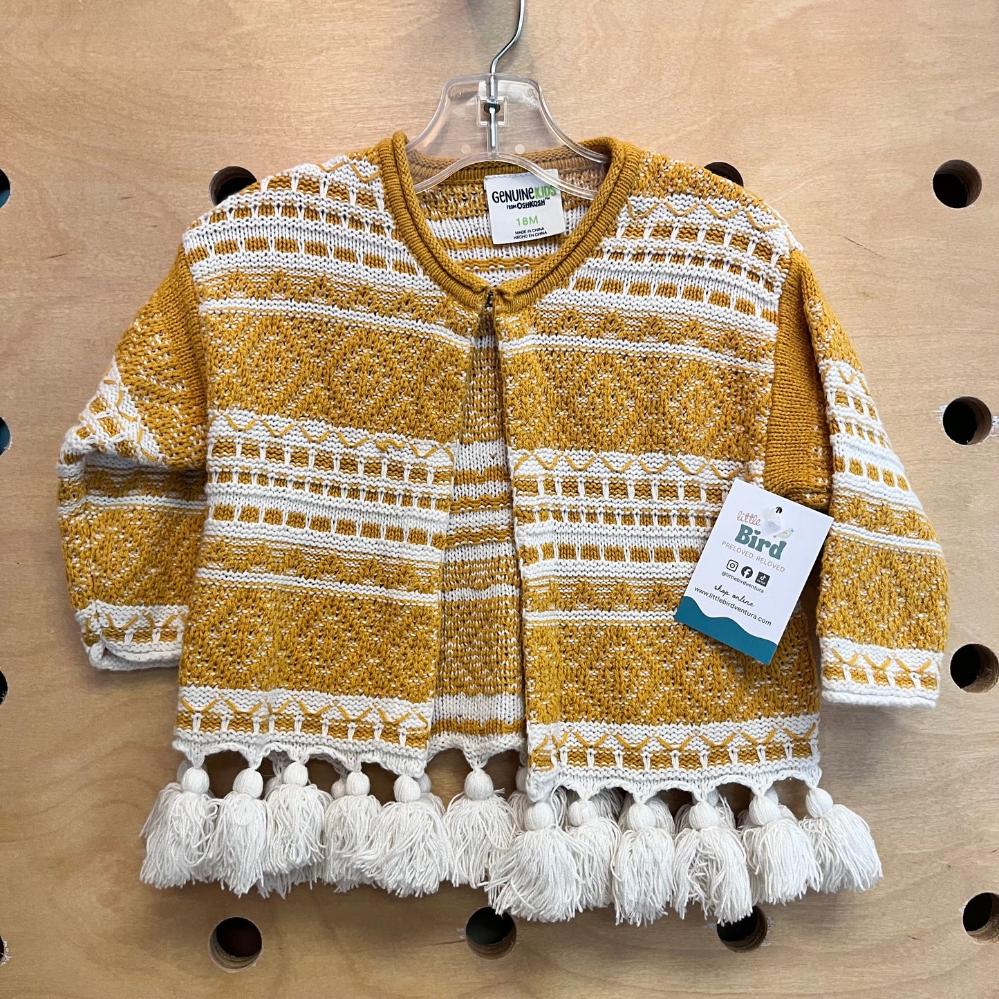 Mustard/White Knit Pom Pom Cardigan