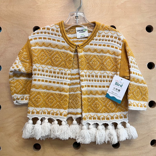 Mustard/White Knit Pom Pom Cardigan