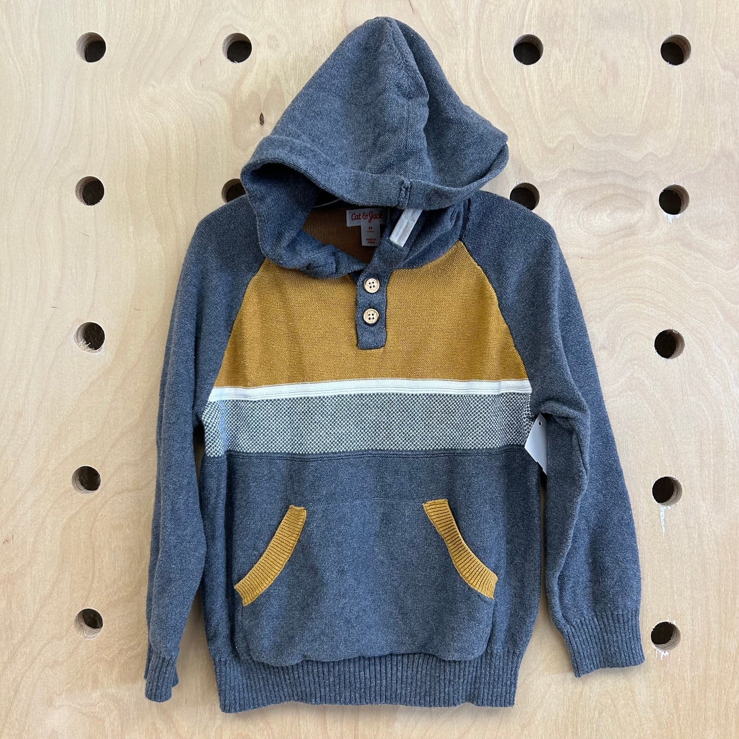 Grey + Mustard Knit Hoodie